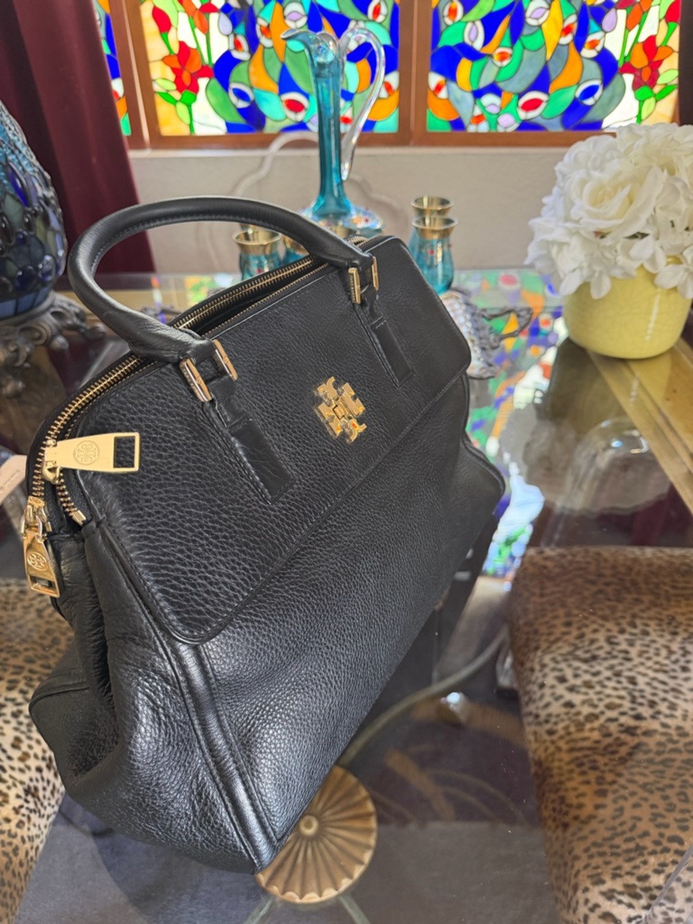 Tory Burch Black Pebbled Leather Top-Handle Briefcase with Gold Logo